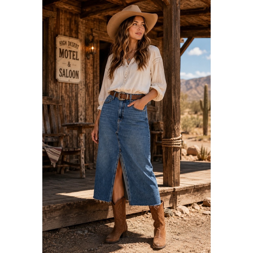 Driftwood Denim Maxi Skirt Medium Wash Front Slit Raw Hem Western Size 32 NEW
